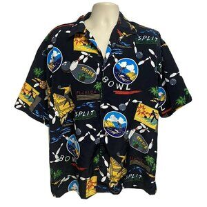 Black Hawaiian Aloha Hipster Button Front Retro Bowling Surfer Shirt Large Camp